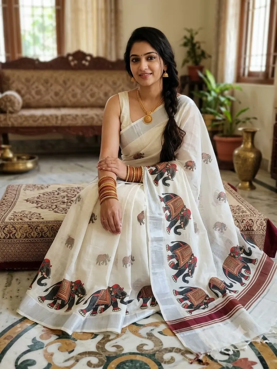 Off White Linen Cotton Saree with Elephant Print Silver Border